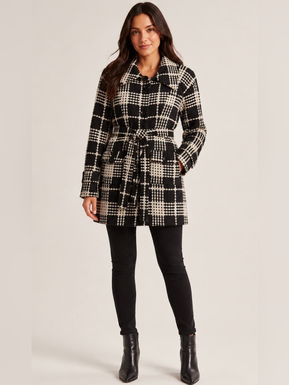 Poetry Clothing Black & White Plaid Belted Trench Coat Jacket Size S